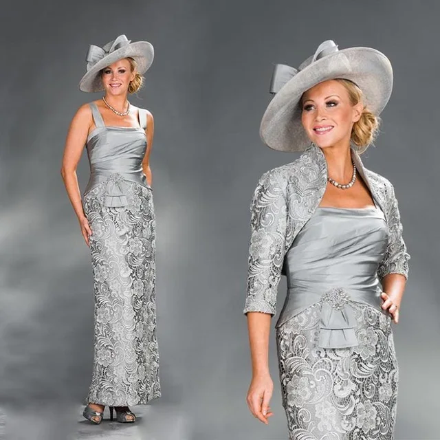 

2019 Elegant Gray Lace with Jacket Mother of the bride dresses Half Sleeve Long Evening Dress Formal Dress Vestido mae da noiva