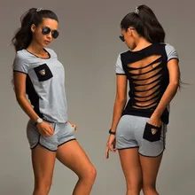 Summer Women Clothing Set Back Strap Hollow Out Top Shorts Outfit Workout Suit Fitness