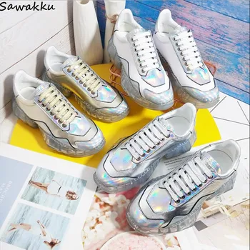 

Fashion Design Thick Transparent Bottom Women Casual Shoes Laser Silver Genuine Leather Wedge Platform Chunky Heel Sneakers