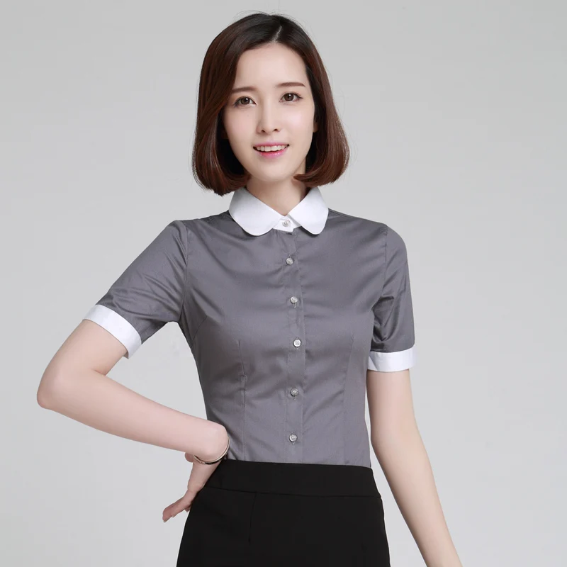 

Women Blouse New 2019 Stripe Formal Shirt Office Lady Short Sleeve Slim Tops Peter pan Collar Woman Work Wear Plus Size 5XL