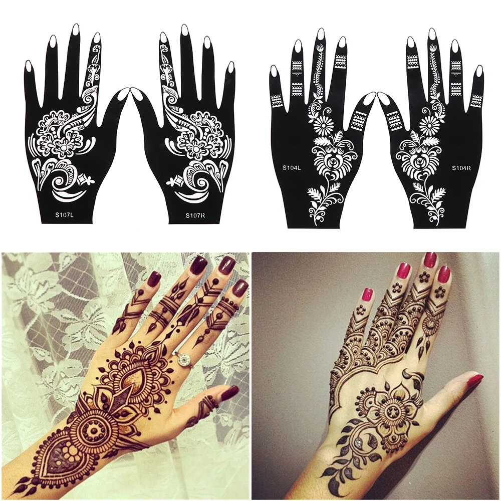 1 Pasang 2 Pcs Profesional Henna Stensil Sementara Tangan Stiker