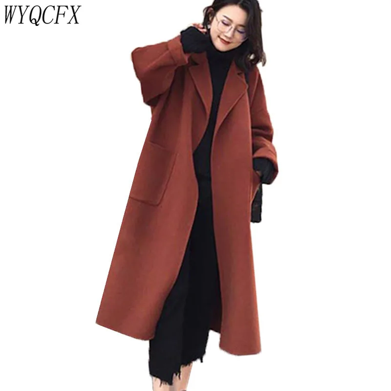 

Autumn Winter Women Europe Woolen Jacket Coats Fashion Belt Long Sleeves Blends Wool 2019 Ladies Warm Slit Overcoat Female W81