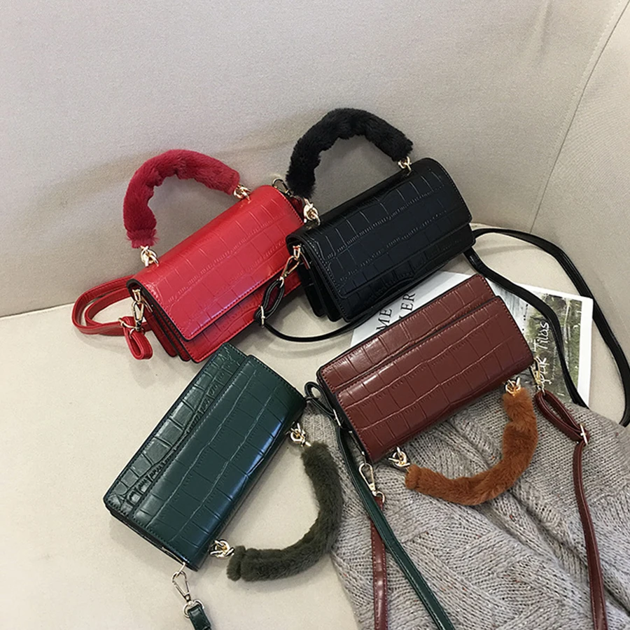 

Casual Crocodile Crossbody Bag for Women Plush Top-handle Handbags Women Casual Alligator Pu Leather Shoulder Bag Flap Purse Sac