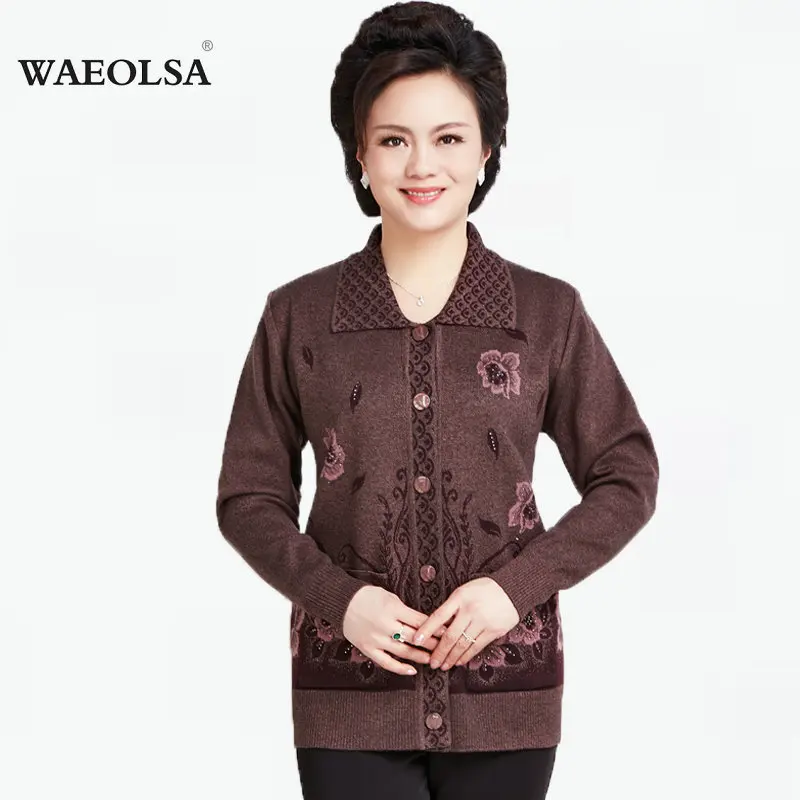 Spring Autumn Cashmere Sweater Old Women Well Knitted Cardigan Middle Age Ladies Wool Sweaters 50s 60s 70s Year Old Cardigans