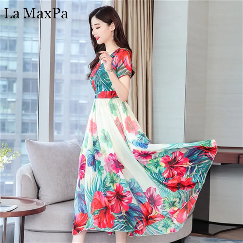 La MaxPa 3XL размера плюс Бохо платья для женщин новое летнее шифоновое платье с принтом V образным вырезом элегантное модное вечернее платье vestidos