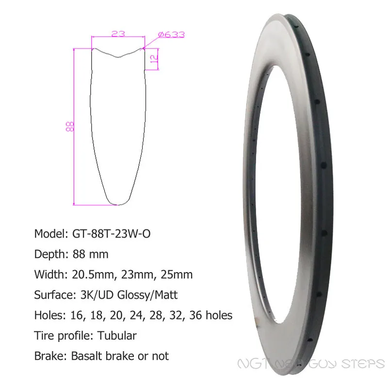 

88mm Glossy Carbon Wheels Front and Rear Rims Customs Holes 16 18 20 21 24 28 32 Holes Tubular 23mm Width Wholesale Bike Rims