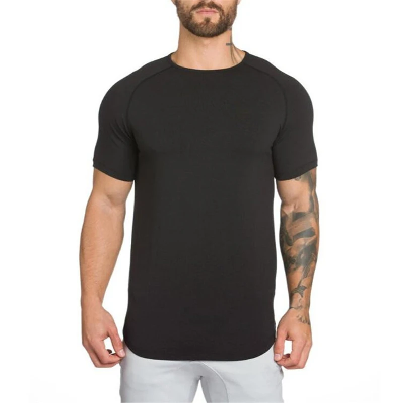 Брендовая спортивная одежда, удлиненная хип-хоп футболка для мужчин, фитнес, удлиненная футболка с фигурным подолом, футболки для бодибилдинга, летняя футболка - Цвет: Черный