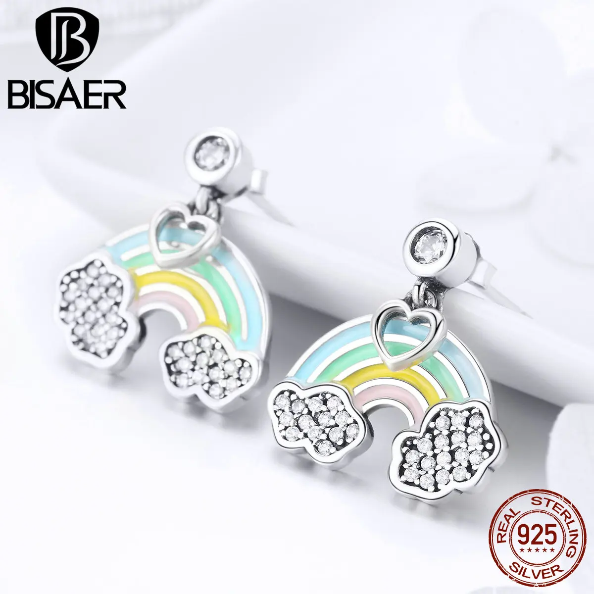 

BISAER Earrings 925 Sterling Silver Cloud and Rainbow Enamel Dangle Earrings for Women 2019 New Argent Bijoux Brincos GXE471