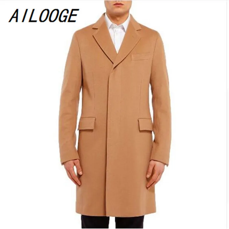 AILOOGE модный длинный мужской Тренч, однобортное зимнее пальто, повседневное однотонное мужское длинное шерстяное пальто, черное/верблюжье Мужское пальто - Цвет: Khaki