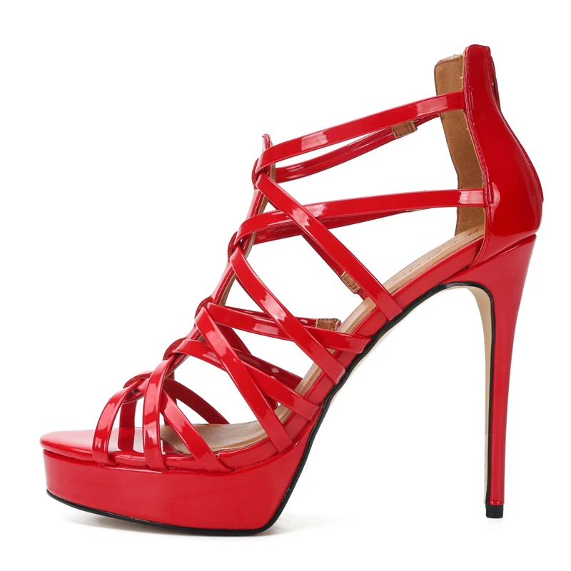 Роскошные босоножки из лакированной кожи; женские пикантные свадебные туфли на высоком каблуке 13 см; женские босоножки с вырезами; цвет золотой, красный, черный; большие размеры 48, 50 - Цвет: Красный