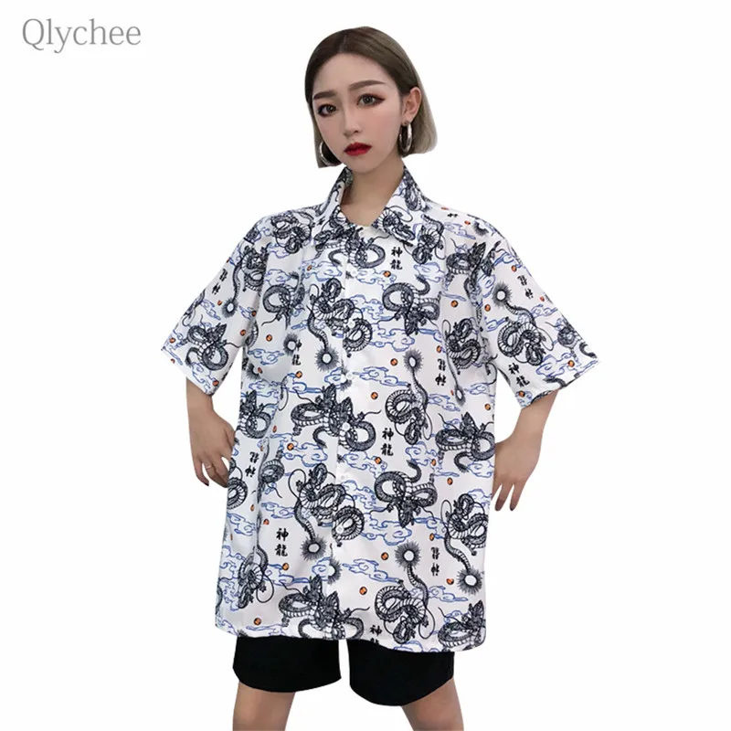 Qlychee Harajuku Дракон печати Для женщин блузка отложным воротником короткий рукав