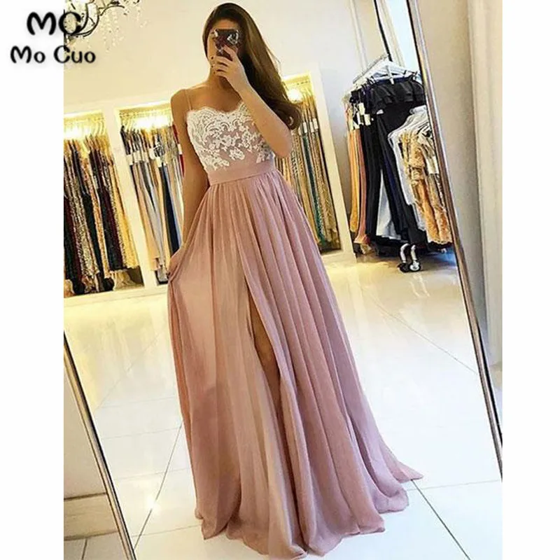 Pink lace chiffon long prom dress, pink evening dress, pink bridesmaid dress