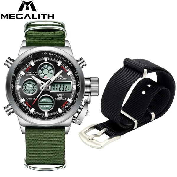 

MEGALITH Sports Waterproof Men's Watches Set LED Dual Display Quartz Watches For Men Analog Digital Nylon Strap Men Watches