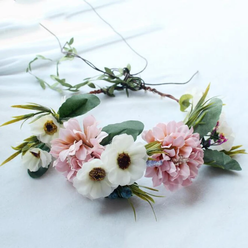 

Handmade Artificial Rose Flower Wreath for Women Party Holiday Garland Hair Accessories Bridal Wedding Hair Crown Pink Color