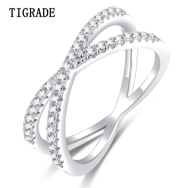 

TIGRADE 925 Sterling Silver X Ring Cubic Zirconia Cross Wedding Engagement Party Ring for Women anillos plata 925 para mujer