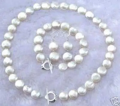 

>11-12MM White Coin Pearl Necklace Bracelet Earring Set SF (A0423) -Top quality free shipping