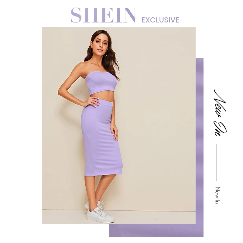 SHEIN комплект из топа бандо и юбки-карандаша с разрезом,, фиолетовый, однотонный, без бретелек, без рукавов, сексуальный летний облегающий комплект из двух предметов