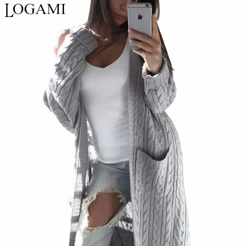 

LOGAMI 2019 New Cardigan Coat Womens Pockets Sweater Long Women Warm Sweater Thick Knitted Female Sweater Winter