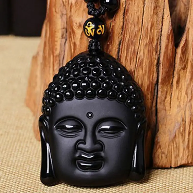 Vintage Obsidian Necklace Black Buddha Head Pendant Lucky Amulet