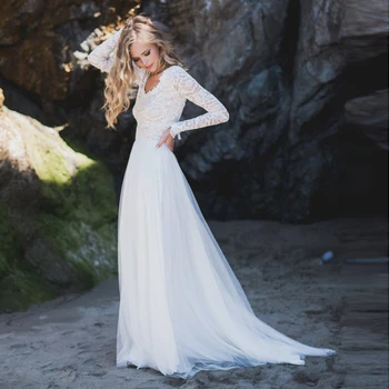 

Long White New A-Line Long Sleeve Wedding Dress Lace V Neck Tulle Skirt Backless Princess Beach Wedding Gown Boho Bride Dress