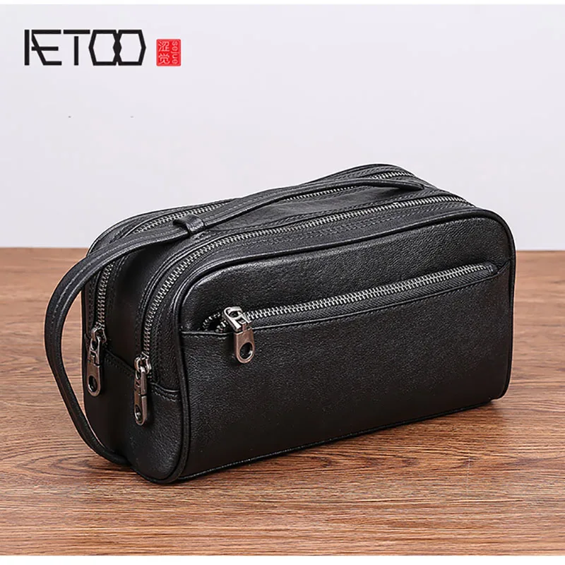 

AETOO Male handbag leather Large capacity double zipper portable bag men's head cowhide casual day clutch leather men bag