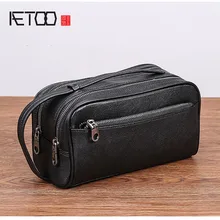 AETOO Male handbag leather Large capacity double zipper portable bag men's head cowhide casual day clutch leather men bag