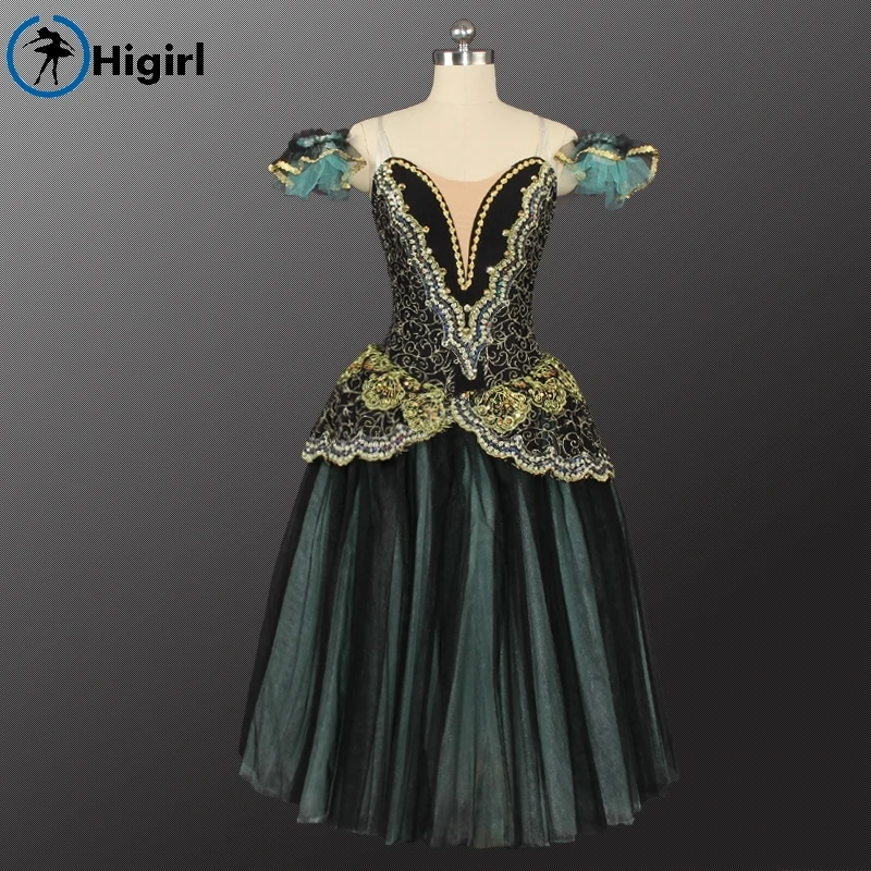 Competiton Women Black Green  Professional Ballet Tutu Dress Adult Ballerina La Esmeralda Performance Ballet Long Skirt BT9168
