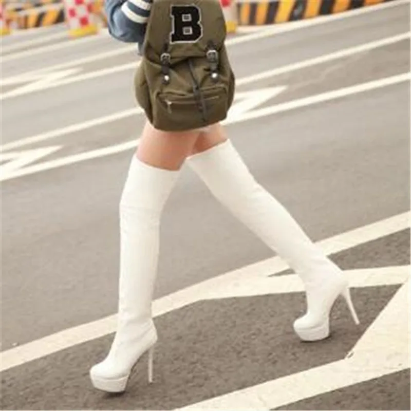 

Plus:34-42 43 Round Toe boot women Motorcycle botas mujer over-the-knee long boots platform 14cm thin heels Party Wedding boot