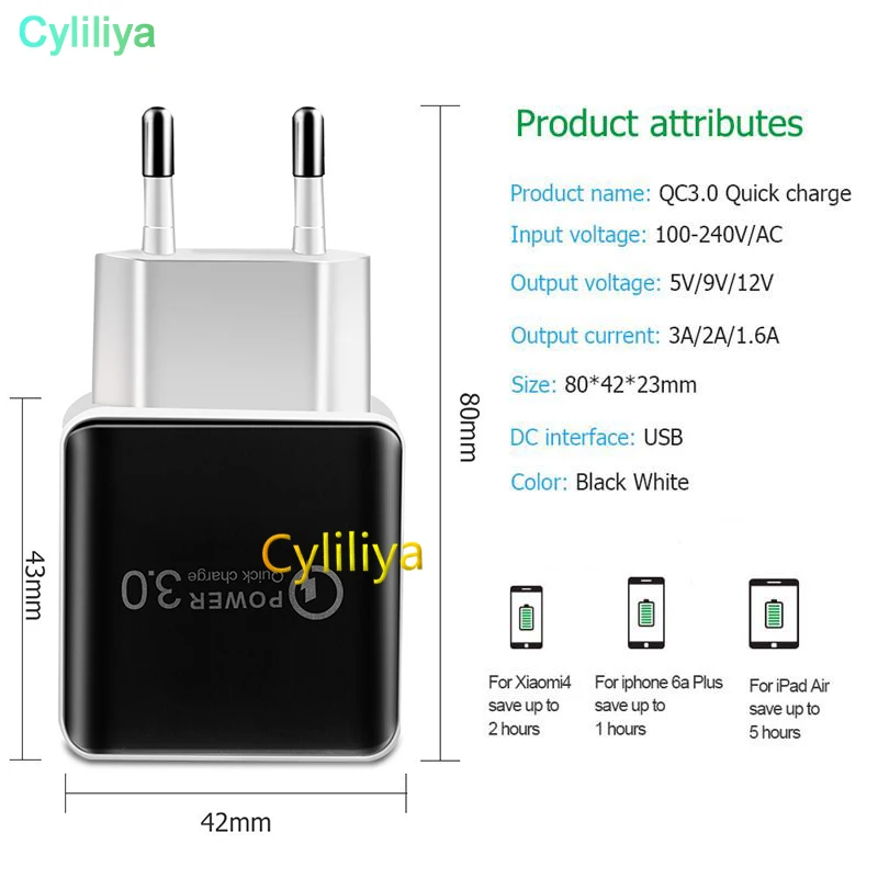 30 шт. QC 3,0 быстрое настенное зарядное устройство USB для быстрой зарядки 5 V 3A 9 V 2A путешествия Мощность адаптер, быстрая зарядка США ЕС Разъем для iPhone 7 8 X