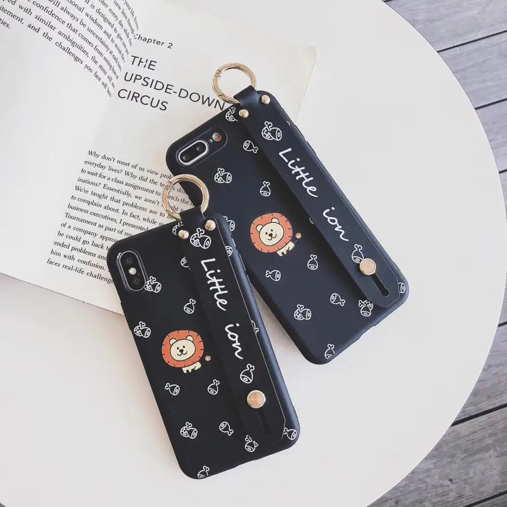 

Cute Cartoon soft shell For iPhone 6 7 8 PIus yellow Wrist strap bracket matte phone case For iphoneX Xs XR Xs Max Pink Case