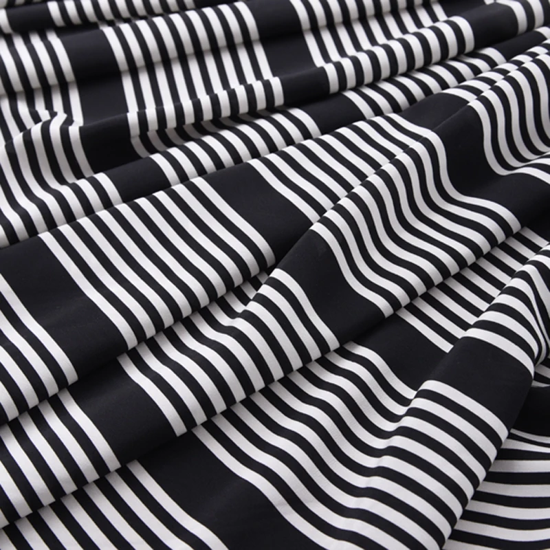 

140CM Wide 16MM Black and White Stripe Print Silk Crepe De Chine Fabric for Summer Dress Shirt Scarf H009