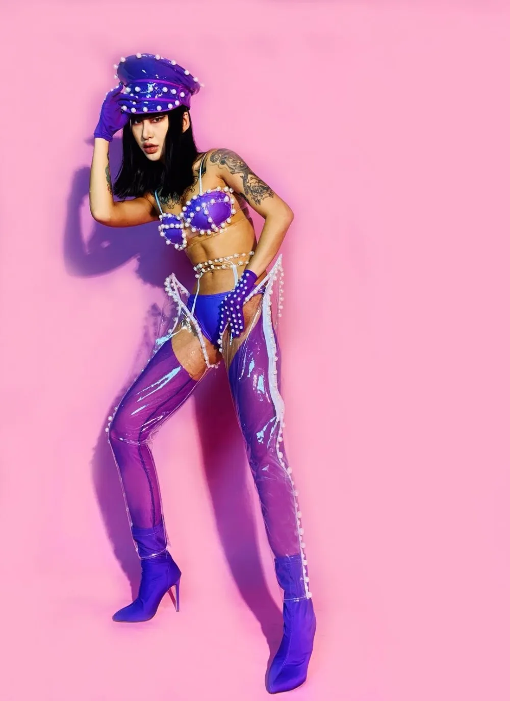 Женский костюм для танцевальной команды, фиолетовое жемчужное бикини, комплект из 6 предметов, сексуальные вечерние костюмы для бара, клуба, для женщин, DJ, джазовое шоу, одежда для сцены, одежда для ночного клуба