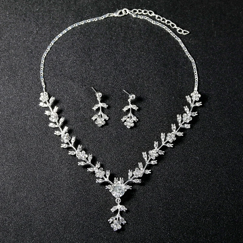 New Crystal Necklace Earrings Silver Plated Catkins Waterdrop Rhinestone Jewelry Set For Wedding Party Bridal Accessory Fashion