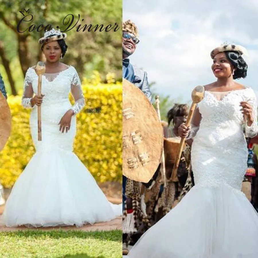 

Vintage Long sleeve Mermaid Wedding Dress African New 2019 Lace Appliques Illusion Sheer Neck tullemermaid wedding Gown W0417