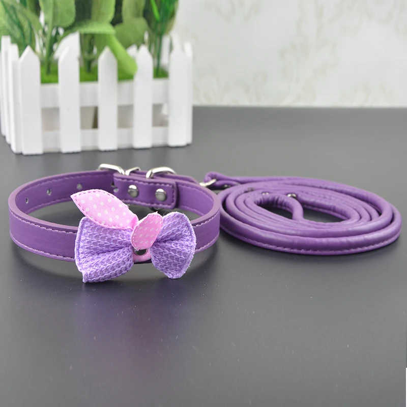 

New Brand 6 Colors Pu Leather Dog Pet Cat Collar Bowknot Style Dog Puppy Collar and Leash Lead Set
