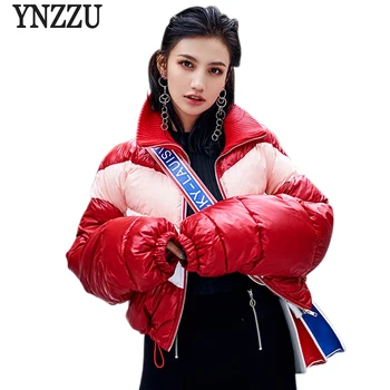 

YNZZU European Style Short Winter Parka Women 2018 Hit Color Oversized Cotton Padded Coat Women Streetwear Female Jacket YO667