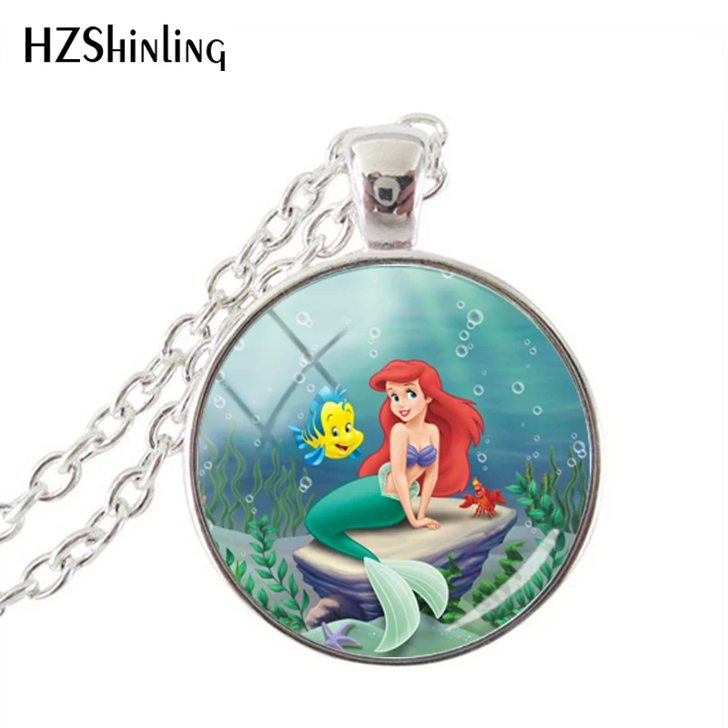 

2018 New Arrival Beautiful Mermaid Ariel Printed Necklace Jewelry The Little Mermaid Glass Cabochon Pendants Gifts for Friends