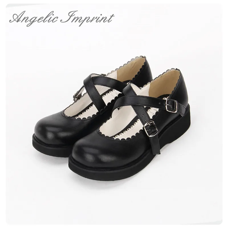 Japanese Lolita Girl School Uniform Mary Jane Wedge Shoes Black PU Leather Platform Shoes