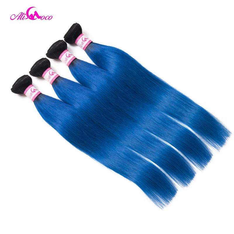 Ali Coco Brazilian Straight Hair 1/3/4 Bundles 1B/Blue Color 100% Human Hair Weave Extensions 10-30 Inch Remy Hair Weave Bundles