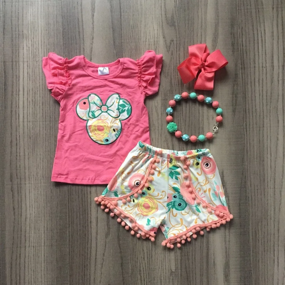 

Summer baby girls children clothes pom-pom shorts coral mint mouse flower pattern outfits ruffles boutique match accessories
