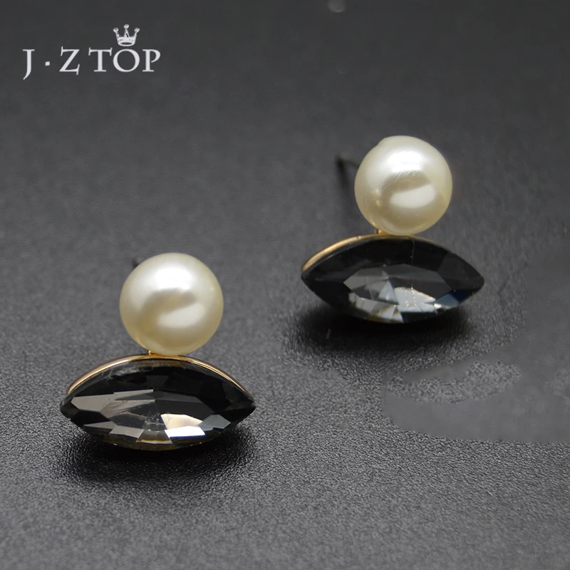 

JZTOP 2018 New Black White Crystal Stud Earrings For Women Simulated Pearl Ear Studs Fashion Wedding Boucle D'oreille Jewelry