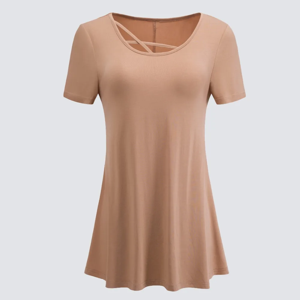 

Women Basic Style Round Neck Cross Strap Tee Tops Casual Summer Short Sleeve Loose Bottom knitted T-Shirt HT012