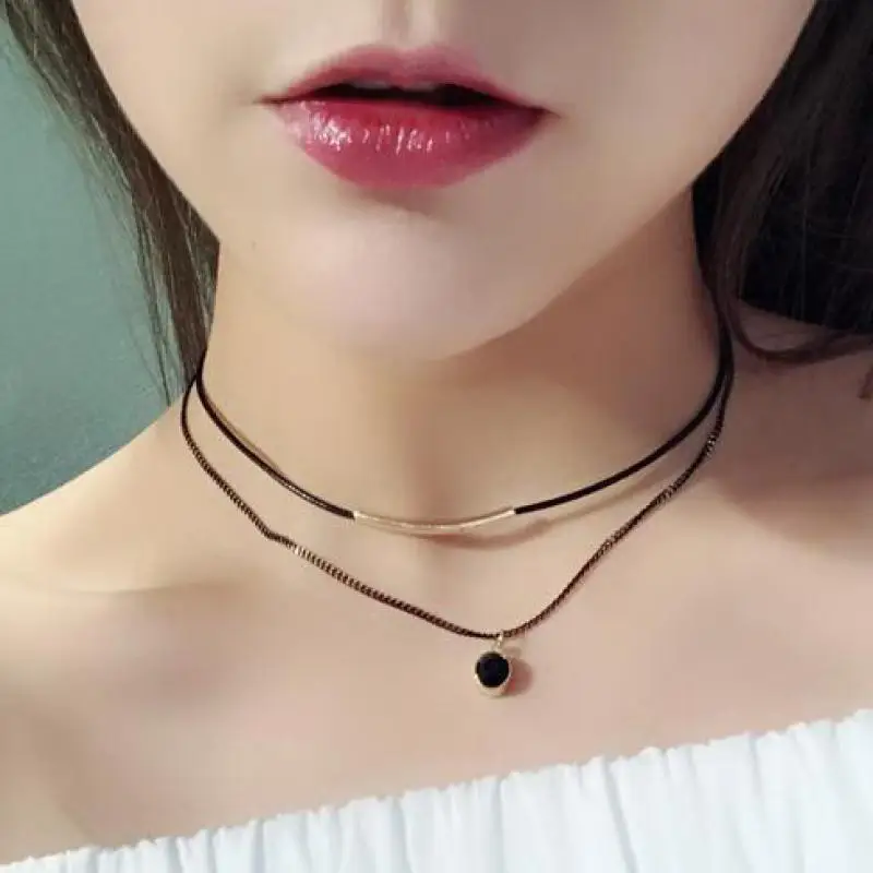 

New Personality Simple Wild Black Rope Black Rhinestone Pendant Double Necklace Women Jewelry Statement Necklace Body Chain