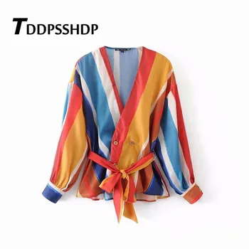 

Yellow Red Blue White Stripe Women Blouse Double Breasted Waist Strap Long Sleeve Female Blouses