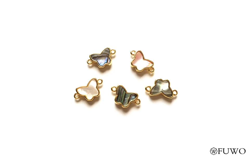 FUWO Natural Seashell Butterfly Shape Connector Pendant With 24K Gold Copper Bezel Fashion Double Loops Jewelry Fittings PD573