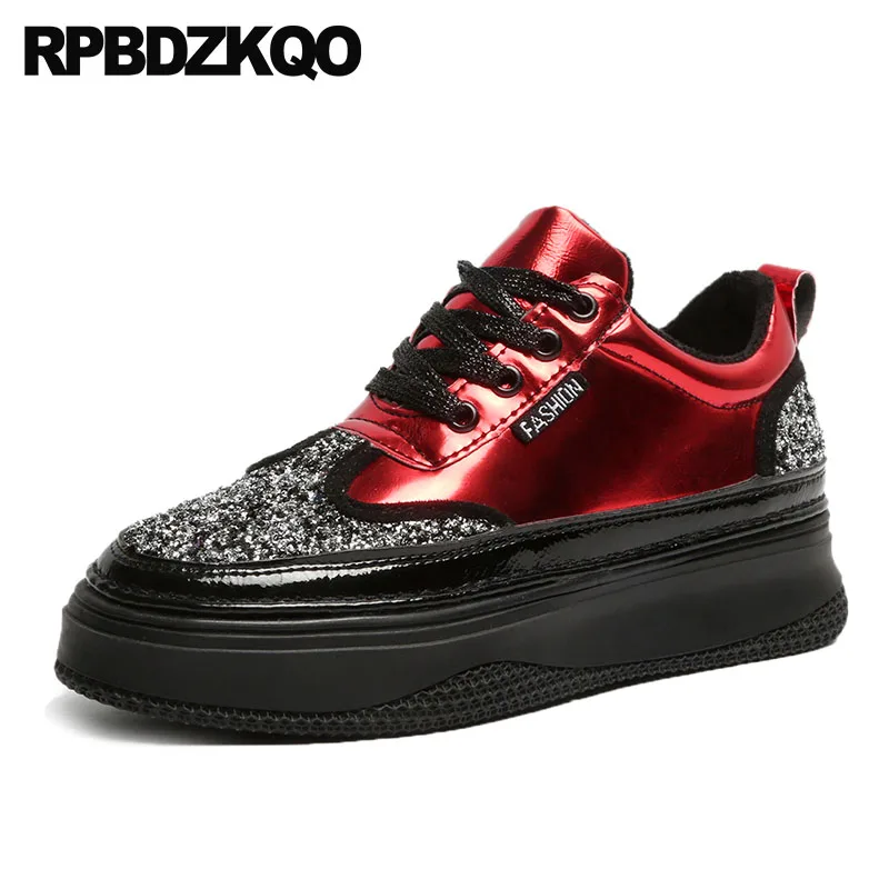 

glitter sparkling platform thick sole muffin autumn spring bling sequins single shoes red creepers elevator cheap lace up women