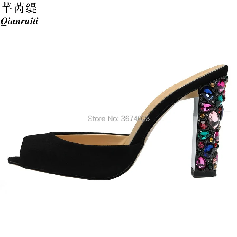 Qianruiti New Women Slingbacks Multi-color Gemstone insert Heeled Peep Toe High Heel Mules Jeweled Square Heels Sandals | Обувь