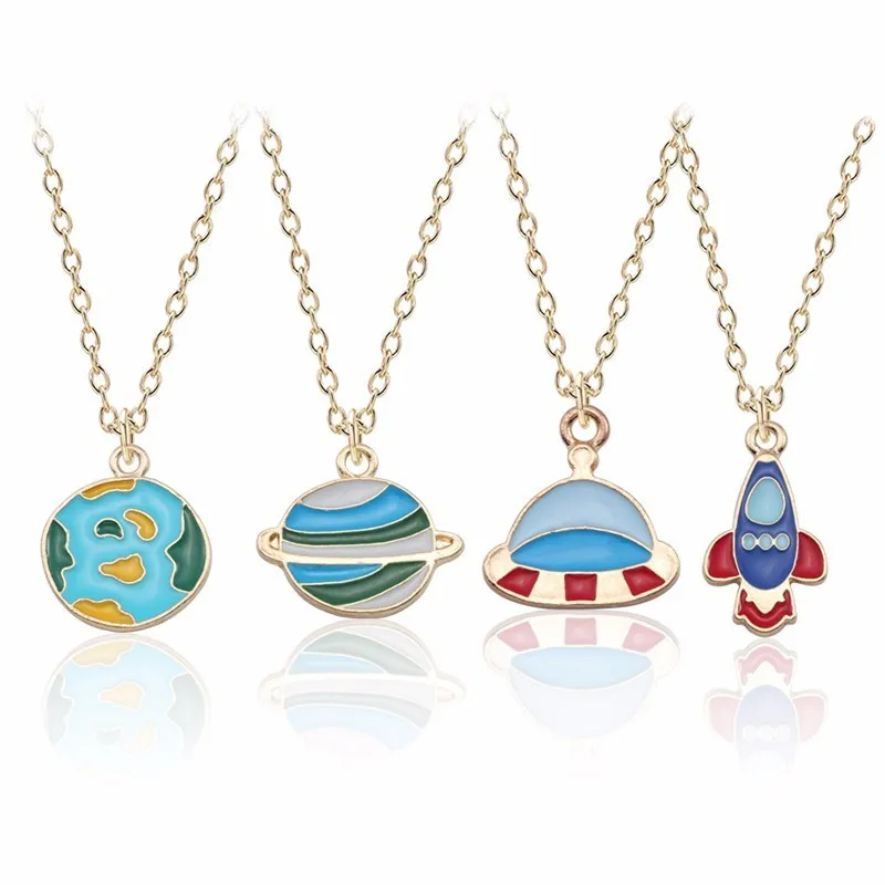 

Cute Planet Necklace For Women Kawaii Rocket Cosmonaut Pendant Colorful Earth Planets UFO Necklaces&Pendants Christmas Xmas Gift