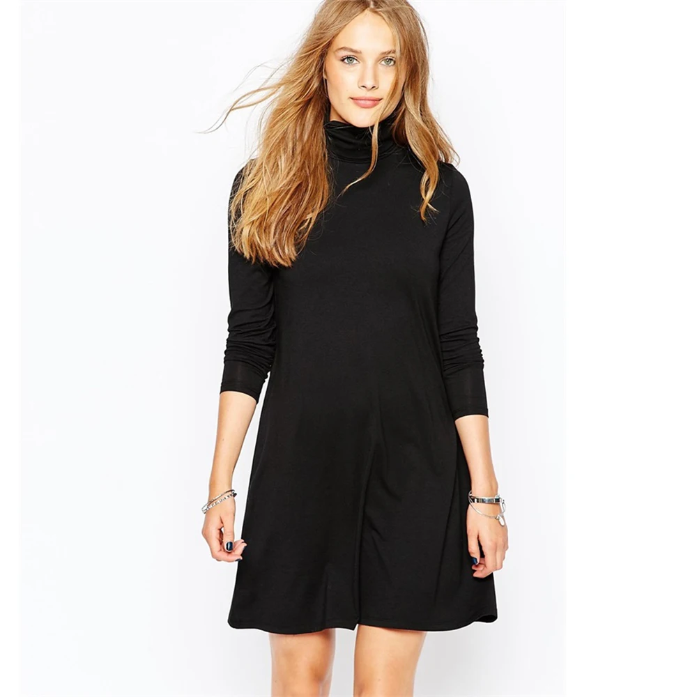 New Casual Autumn Women Turtleneck Long Sleeve Mini Dress Black Plus ...