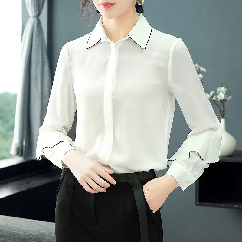 

New 2019 100% Real Silk Women Long Sleeve Shirts Ladies White Black Basic Ruffles Sleeve Blouses Spring Autumn Tops P9524